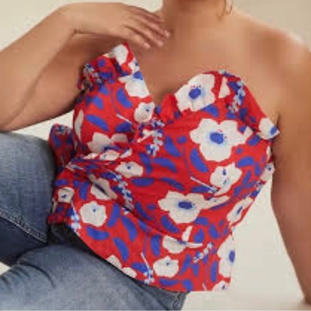 Anthropologie Red Floral Ruffle Strapless Camisole with Blue and White Blooms - Picture 5 of 9